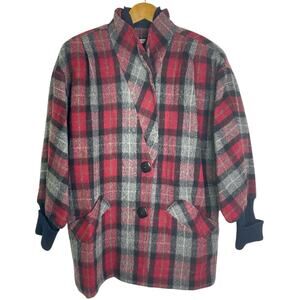 Vintage Wool Jacket Plaid Red Black Gray High Collar